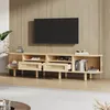 A modern TV stand with rattan drawer fronts and a television mounted on a wood-paneled wall. Anteprima dell’immagine prodotto
