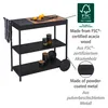 A black outdoor kitchen serving trolley with wooden accents and orange fruit on top, with accompanying text and logos. Produktbild-Vorschau