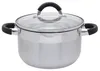 A stainless steel pot with a glass lid and black handles, isolated on a white background. Podgląd zdjęcia produktu