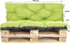 A set of green and gray cushions placed on a wooden pallet, with dimensions indicated. Produktbild-Vorschau