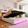 A bed with its storage compartment open, revealing storage space and LED lighting. Podgląd zdjęcia produktu