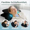 A woman is shown sleeping comfortably on an orthopedic pillow, with smaller inset images demonstrating different sleeping positions. Produktbild-Vorschau