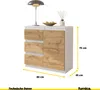 A sideboard with drawers and a door, displayed on a white background with dimensions indicated. Produktbild-Vorschau