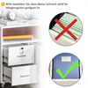 A white filing cabinet with drawers and shelves, shown with informational graphics indicating proper and improper use for filing. Produktbild-Vorschau
