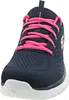 A close-up, front-facing view of a navy blue Skechers sneaker with bright pink laces. Voir les images du produit