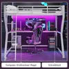 A loft bed with a desk and gaming setup underneath, illuminated by purple LED lights. Voir les images du produit