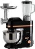 A black kitchen mixer with attachments, including a meat grinder and a blender jar, is shown against a white background. Produktbild-Vorschau