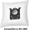 A white vacuum cleaner dust bag with a black plastic fitting. Produktbild-Vorschau