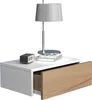 A modern white nightstand with a wooden drawer front, a lamp, and a small digital clock on top. Produktbild-Vorschau
