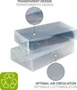 Two transparent storage boxes for boots are stacked on top of each other, with close-up insets highlighting design features. Produktbild-Vorschau
