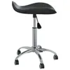 A product shot of a black saddle stool with a chrome base and wheels.