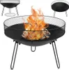 A black metal fire pit with a mesh screen and burning logs inside, shown on a white background. There are also two smaller inset images of the fire pit. Náhľad obrázku produktu