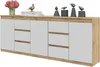 A modern sideboard with white drawers and doors, set against a light wood frame, displayed on a white background. Náhľad obrázku produktu