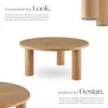 A round wooden coffee table with three legs is shown from multiple angles, with descriptive text about its features. Náhled obrázku produktu