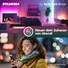 A split image showing a modern bedroom with smart lighting and a woman using her phone outdoors. Produktbild-Vorschau