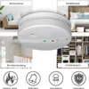 Collage showing a smoke detector in different home settings and highlighting its features. Produktbild-Vorschau