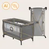 A travel crib and its folded form are shown against a plain background, with feature highlights. Produktbild-Vorschau