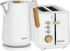 A white electric kettle and toaster with wood accents are shown against a white background. Voir les images du produit