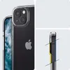 A collage showing a clear phone case on an iPhone, with close-ups of the camera and side. Produktbild-Vorschau