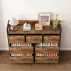 A rustic brown industrial dresser with seven drawers, displaying various items on top and inside the drawers. Náhled obrázku produktu
