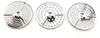 Three different metal graters for a food processor, shown from a top-down perspective against a white background. Podgląd zdjęcia produktu