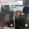 A split image showing a car seat protector in use. The left side shows a dirty car seat with a child's muddy shoes, and the right side shows a clean car seat with a dog. Produktbild-Vorschau