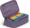 An open purple pencil case with a set of rainbow-colored pens inside. Produktbild-Vorschau