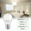 A bedroom scene with a bed, nightstands, and lighting, featuring a product image of an LED bulb. Produktbild-Vorschau