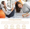 Two women are shown relaxing and reading in bed, with the product used as a back support and book holder. Below are icons illustrating different uses of the product. Produktbild-Vorschau