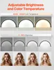 This image displays the adjustable brightness and color temperature features of a desk lamp, with examples of different lighting settings and their effects on a person's face. Produktbild-Vorschau
