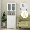 A white bathroom cabinet with glass doors is shown next to a green sofa. Inset images highlight safety features. Produktbild-Vorschau