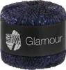 A ball of dark blue yarn with blue sequins, wrapped in a black band with white text. Produktbild-Vorschau