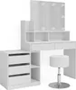 A white vanity table with a mirror and lights, along with a white stool, is shown against a white background. Voir les images du produit