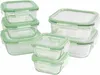 A set of glass food storage containers with green lids. Náhled obrázku produktu