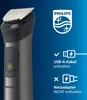 A close-up of a Philips electric trimmer with marketing text and icons on a blue background. Produktbild-Vorschau