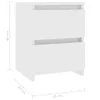 A white two-drawer nightstand with dimension labels. Produktbild-Vorschau