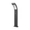 A modern, dark gray LED bollard lamp with a curved, illuminated top, shown against a white background. Produktbild-Vorschau