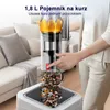 A person is emptying a cordless vacuum cleaner's dustbin into a white bin. Podgląd zdjęcia produktu