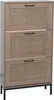 A front view of a three-drawer shoe cabinet with rattan fronts and black metal legs, set against a white background. Anteprima dell’immagine prodotto