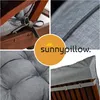 A collage of four close-up images showing details of a gray outdoor cushion for a lounge chair, including ties, stitching, tufting, and a protective cover. Produktbild-Vorschau