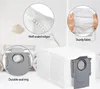 Close-up views of a vacuum cleaner dust bag, highlighting its features like sealed edges, sturdy fabric, and a durable seal ring, with a larger view of the dust bag in the background. Produktbild-Vorschau