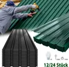 A collage showing a person installing green corrugated roofing panels, stacks of black corrugated roofing panels, and accessories like gloves and screws. Produktbild-Vorschau