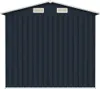 The image shows the back of a dark gray metal shed with a white roof trim and two white vents near the top. Náhled obrázku produktu