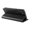 A black leather flip case for a smartphone, shown from the side with the phone inserted and the front cover open. Produktbild-Vorschau