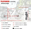 Diagram showing the dimensions of a Telefunken E-SUV300 electric bicycle, with a background of cars and a street scene. Produktbild-Vorschau