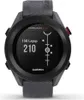 A close-up shot of a Garmin Approach S12 smartwatch with a dark gray band and bezel, displaying golf-related information on its screen. Produktbild-Vorschau