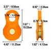 Two views of an orange snatch block pulley with dimensions indicated by text overlays. Náhled obrázku produktu