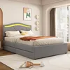 A modern bedroom with a grey upholstered bed featuring LED lighting and two drawers. Bedding includes white sheets, yellow and white pillows, and an orange throw blanket. Anteprima dell’immagine prodotto