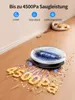 A robot vacuum cleaner is shown on a wooden floor, cleaning up debris. Text overlays highlight its suction power and cleaning modes. Produktbild-Vorschau