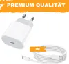 A white USB-C power adapter and a white USB-C to Lightning cable are shown on a white background. Produktbild-Vorschau